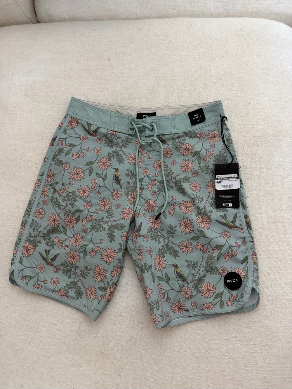 RVCA Men's Sage Green Floral & Bird Board Shorts
